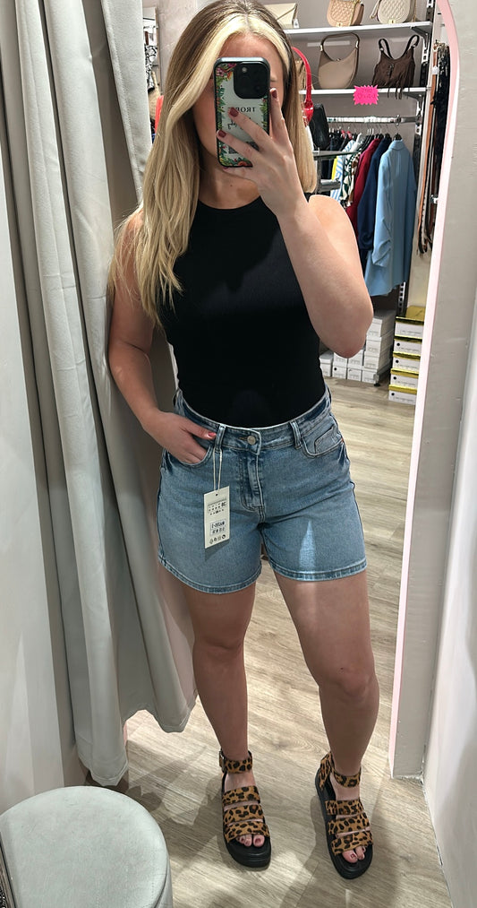 Blue stretchy denim high waisted shorts