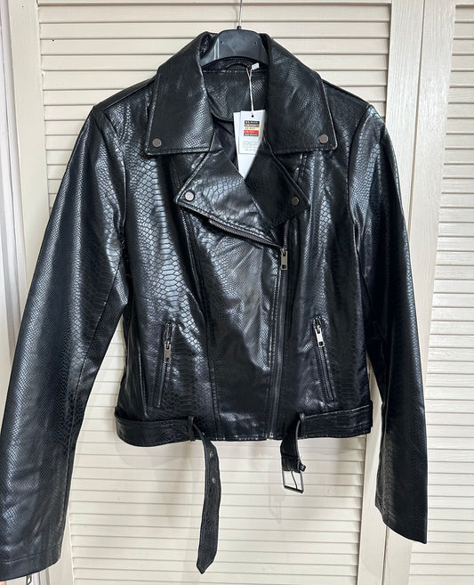 Black faux leather snake print biker jacket