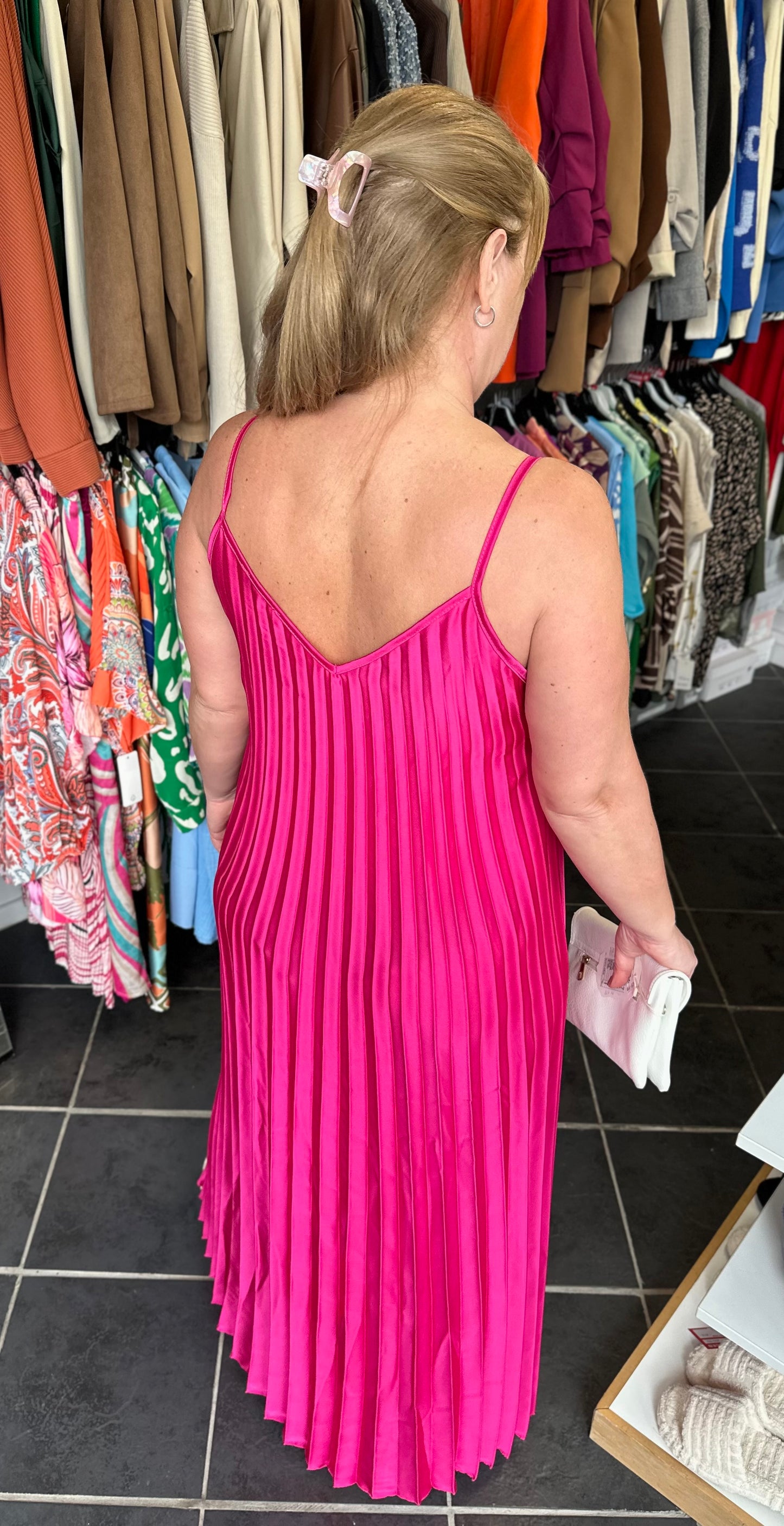 Pink strappy pleated maxi dress