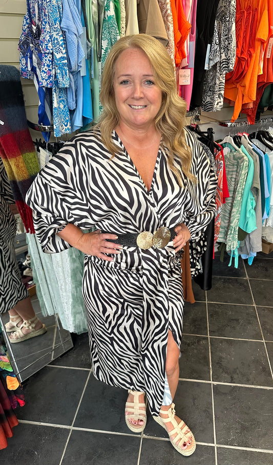 Zebra print pleated front midi dress (belt not included)