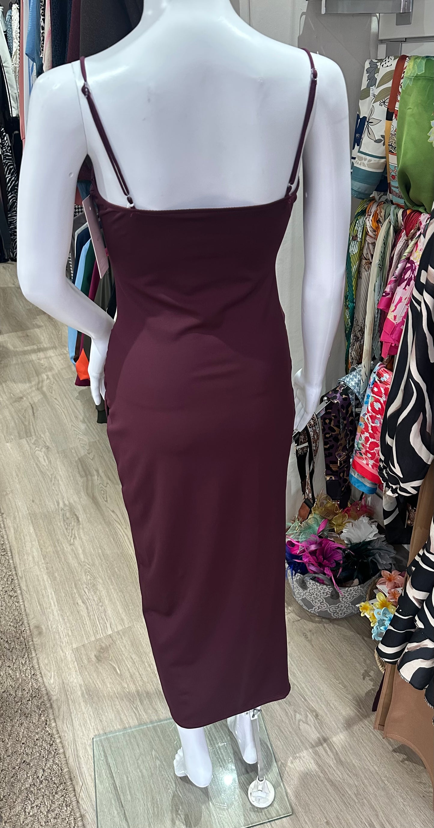 Plum wrap midi dress with adjustable straps