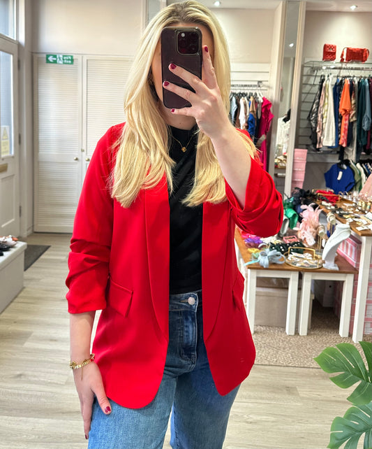 Ruched sleeve open blazer - Red