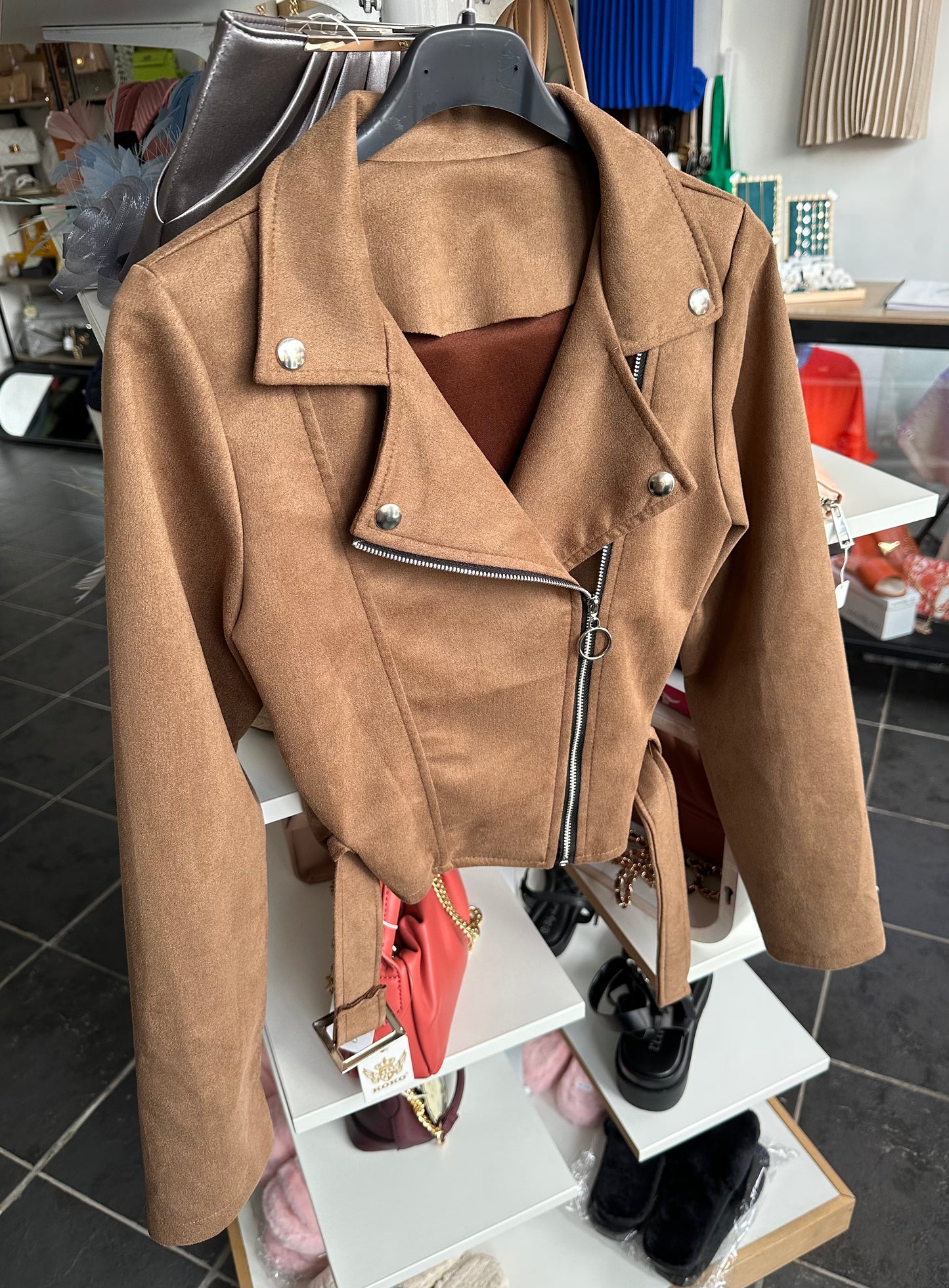 Light brown suede cropped biker jacket