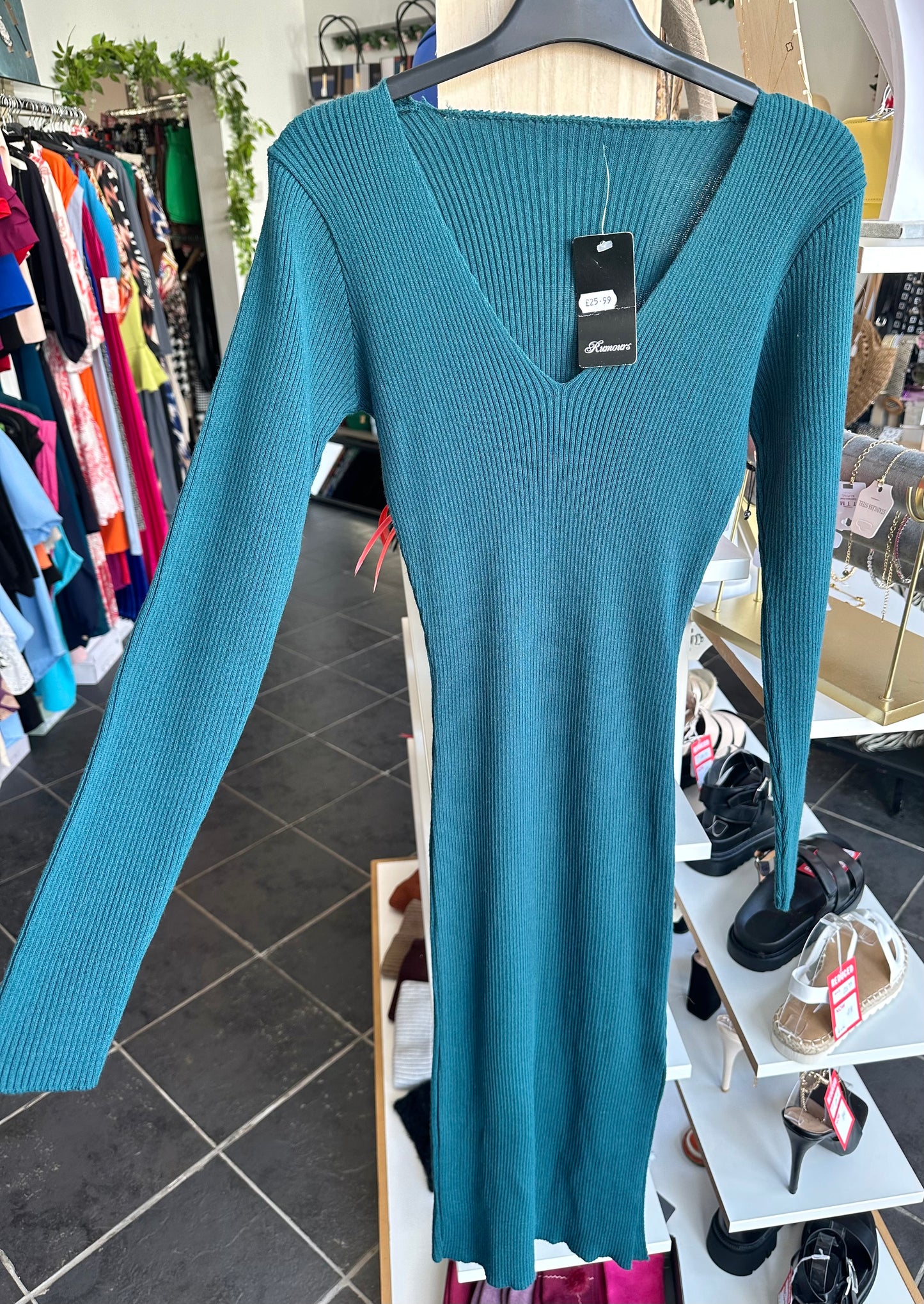 Teal ribbed split bodycon dress