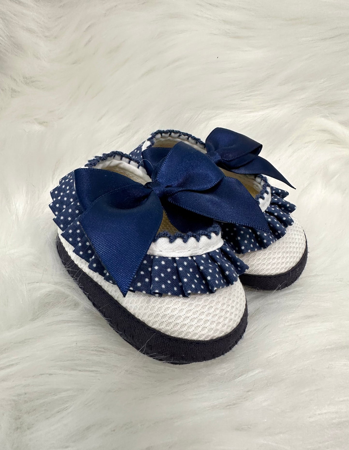 Baby navy & white polka dot lace and bow detail booties