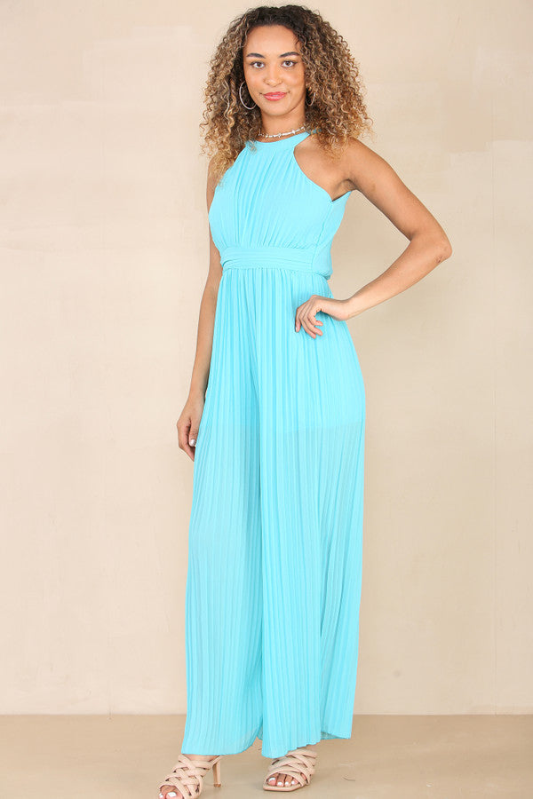 Turquoise pleated halterneck jumpsuit