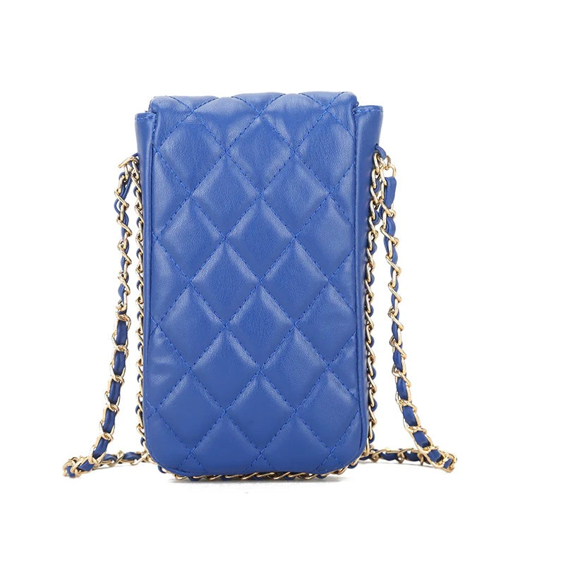Faux leather quilted crossbody bag with weave chain detail strap - Royal blue