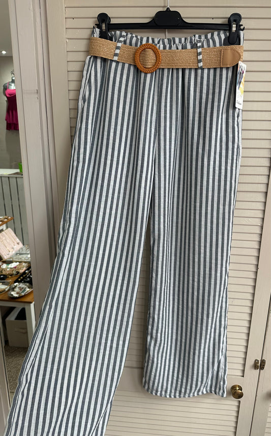 Stripe linen look trousers with woven belt