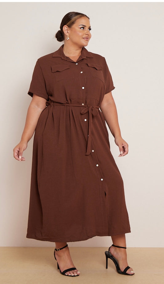 Brown plus size maxi shirt dress