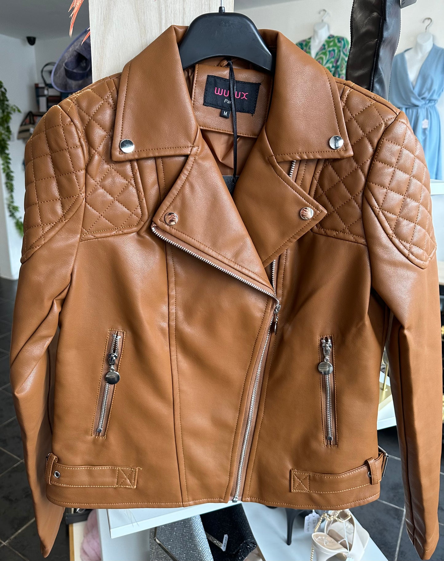 Brown faux leather quilted cross biker jacket (small fitting)