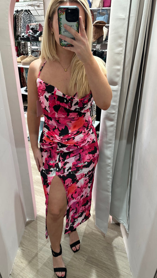 Pink printed cowl neck split front strappy dress