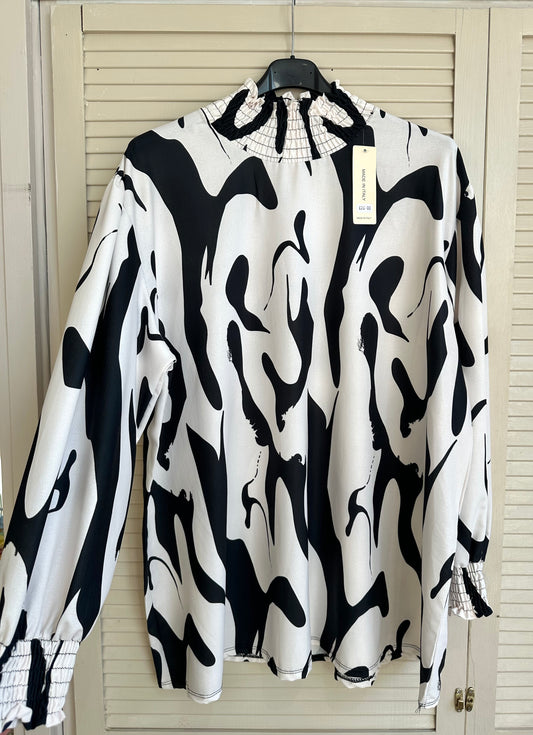 Black & white abstract printed shirred neck detail long sleeve top