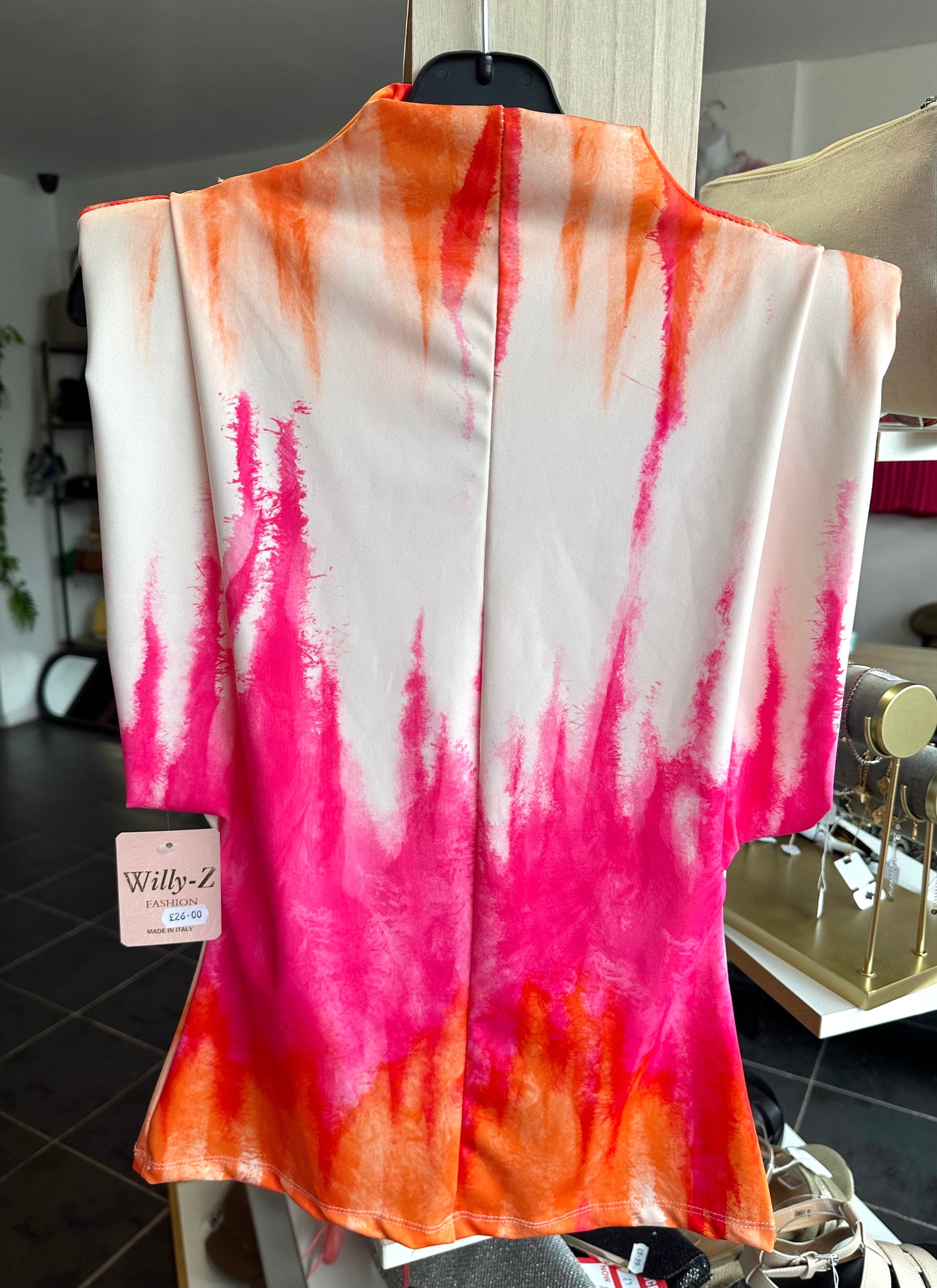 Pink & orange abstract padded shoulder top