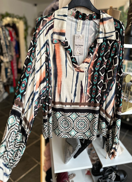 Long sleeve multi print blouse