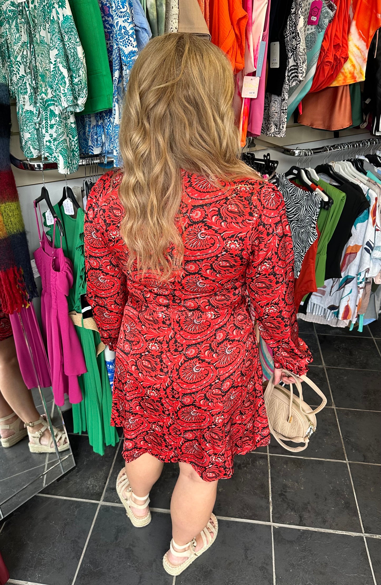 Red printed long sleeve belted shirt dress