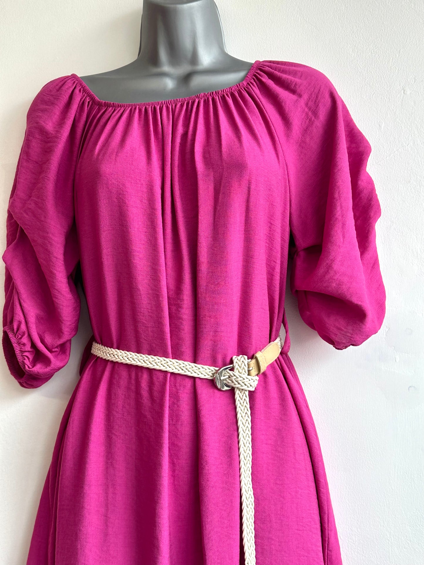 Raspberry curved hem belted dress