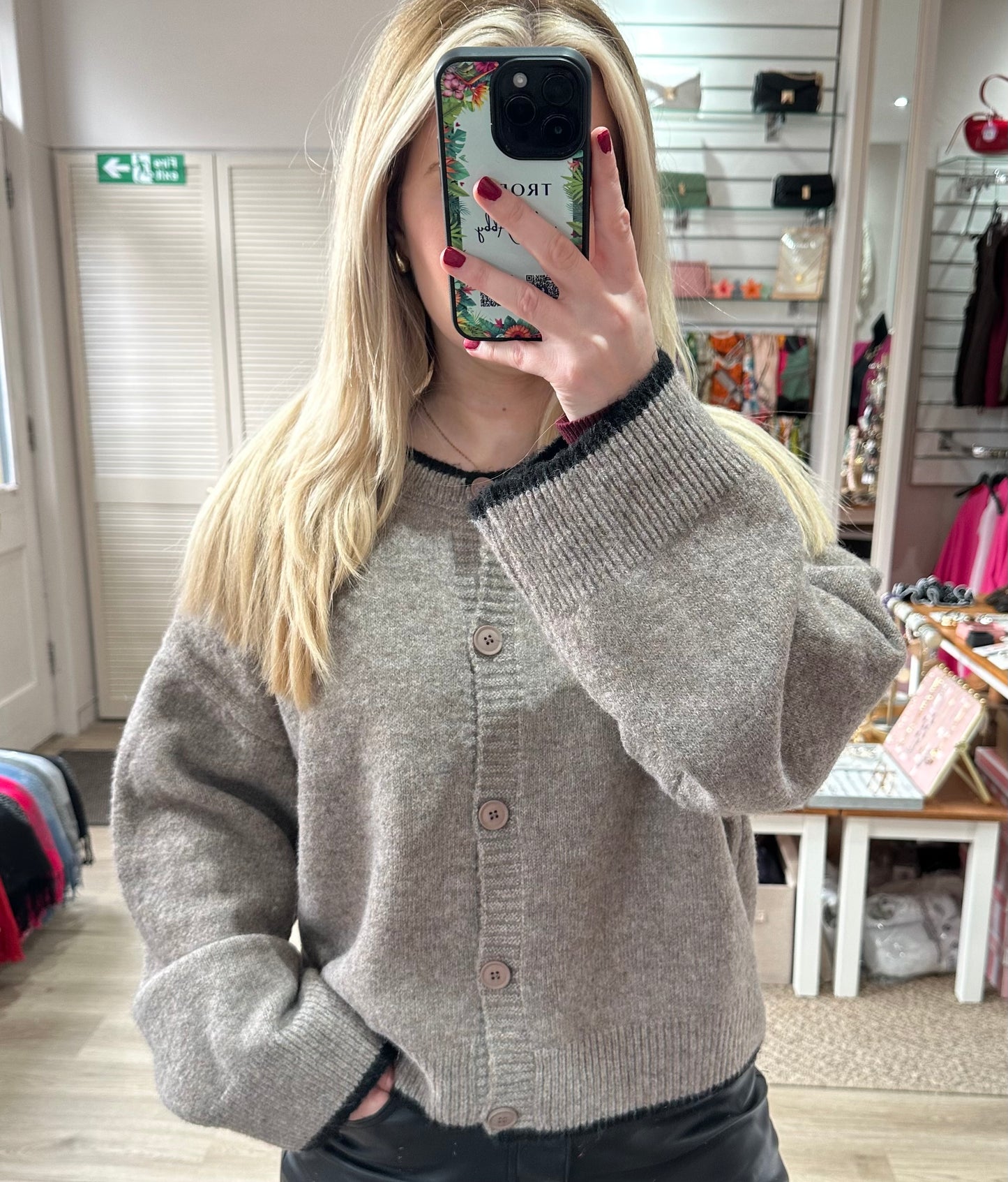 Taupe and black round neck detail button down cardigan