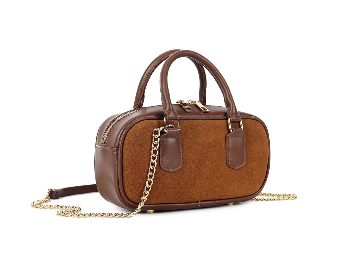 Top handle crossbody bag with chain strap - coffee
