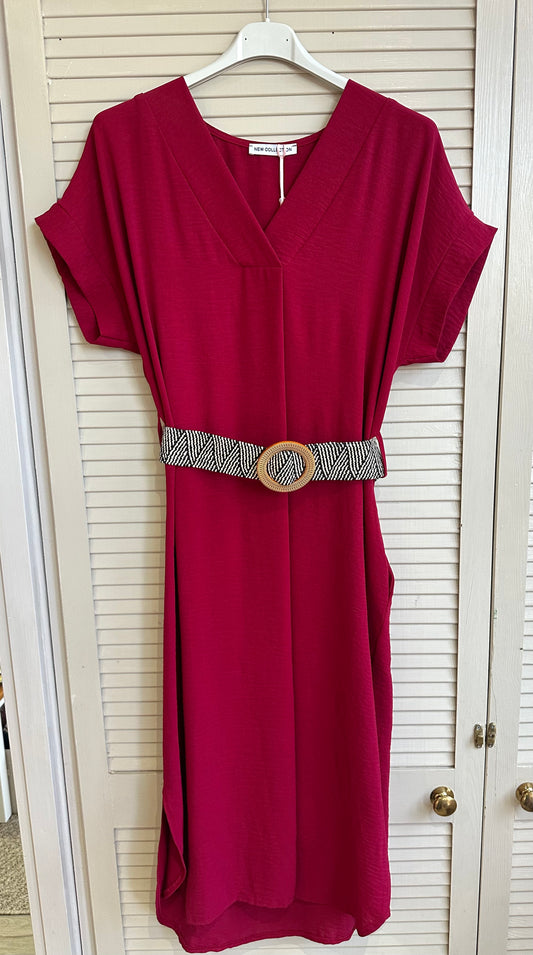V neck curved hem midi dress with elasticated belt - Wine