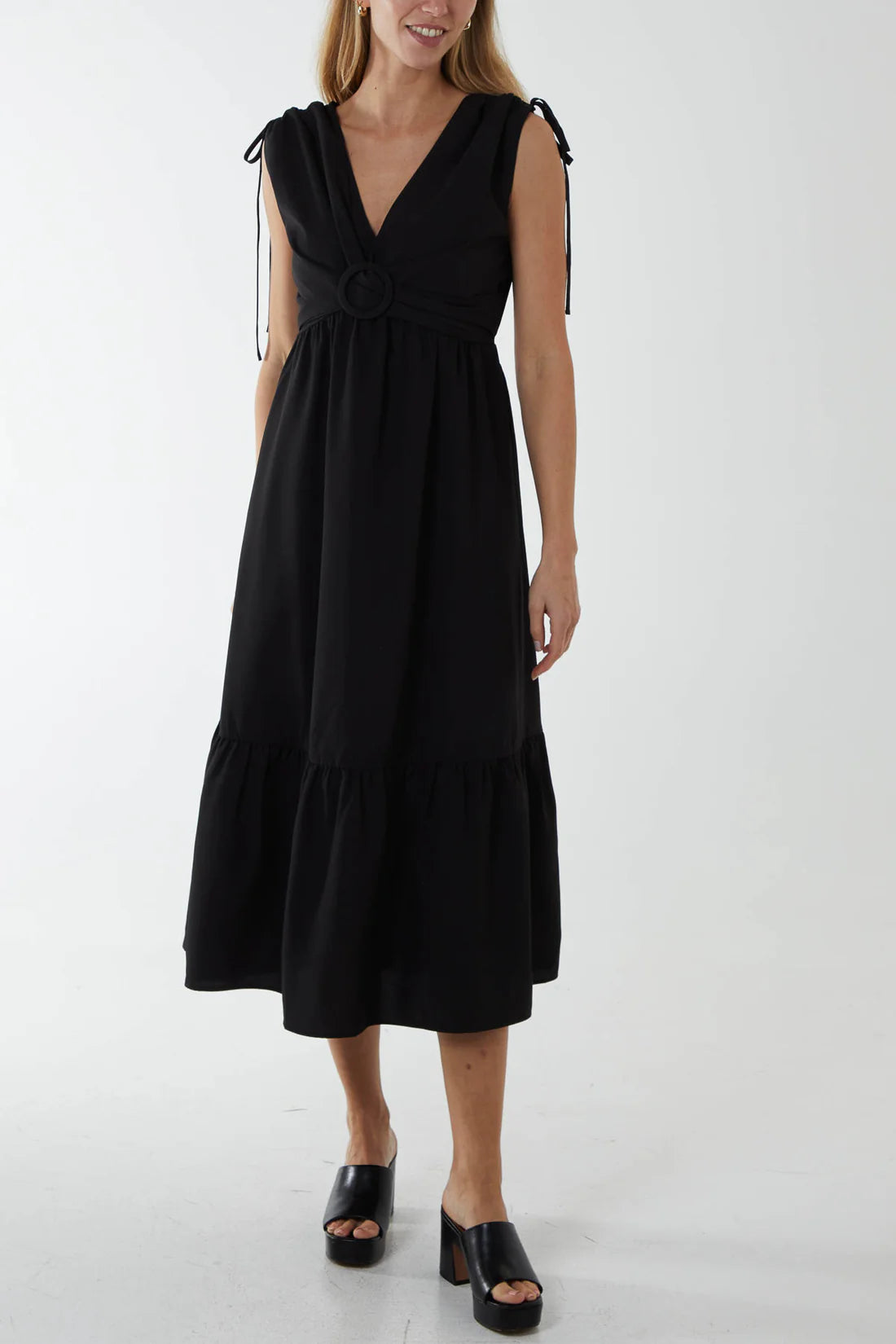 Ring front midi dress with channeled shoulder detail