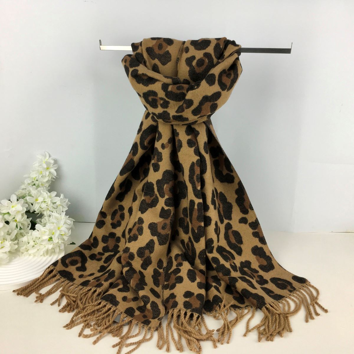 Leopard print fringed scarf