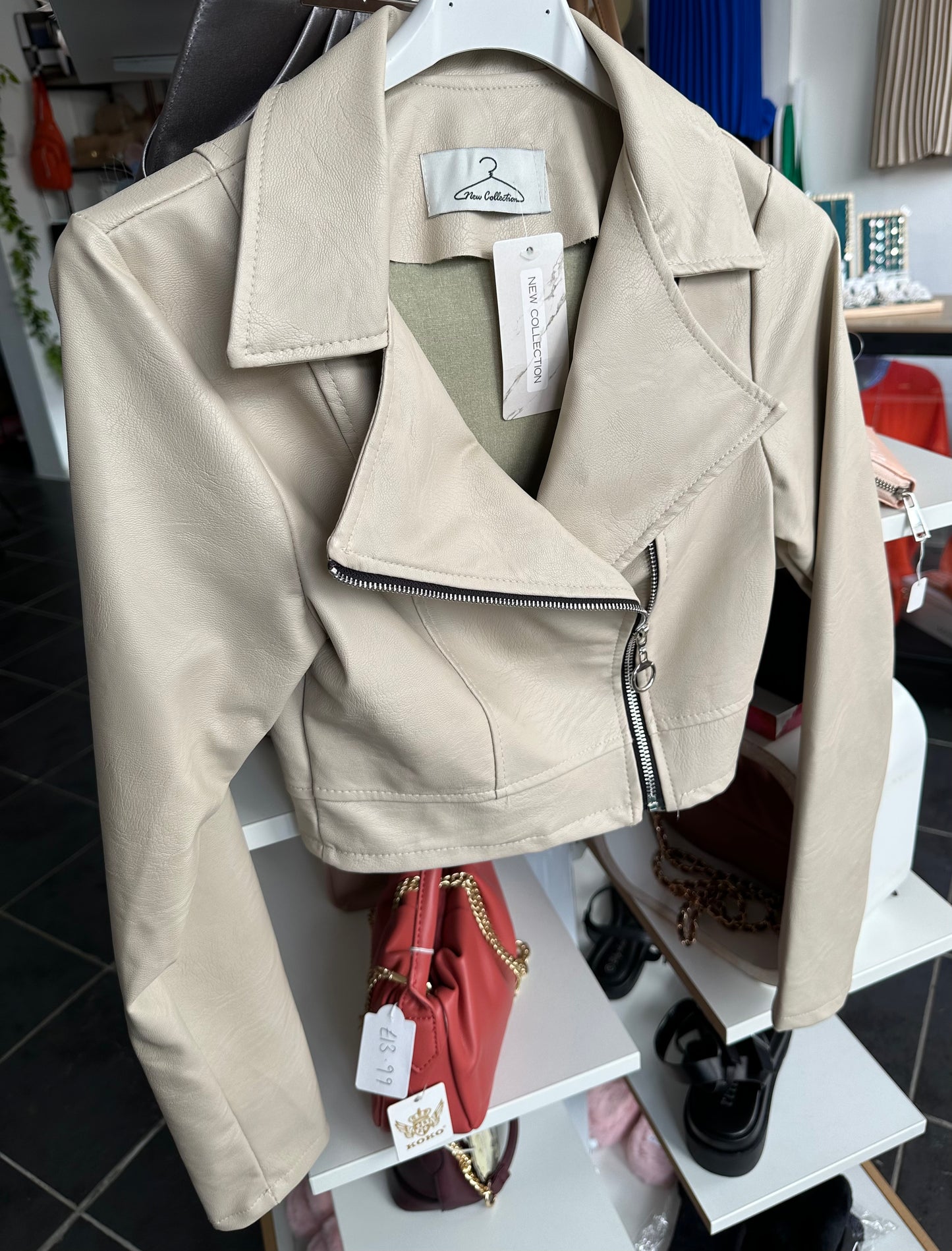 Cream PU leather crop biker jacket (small fitting)