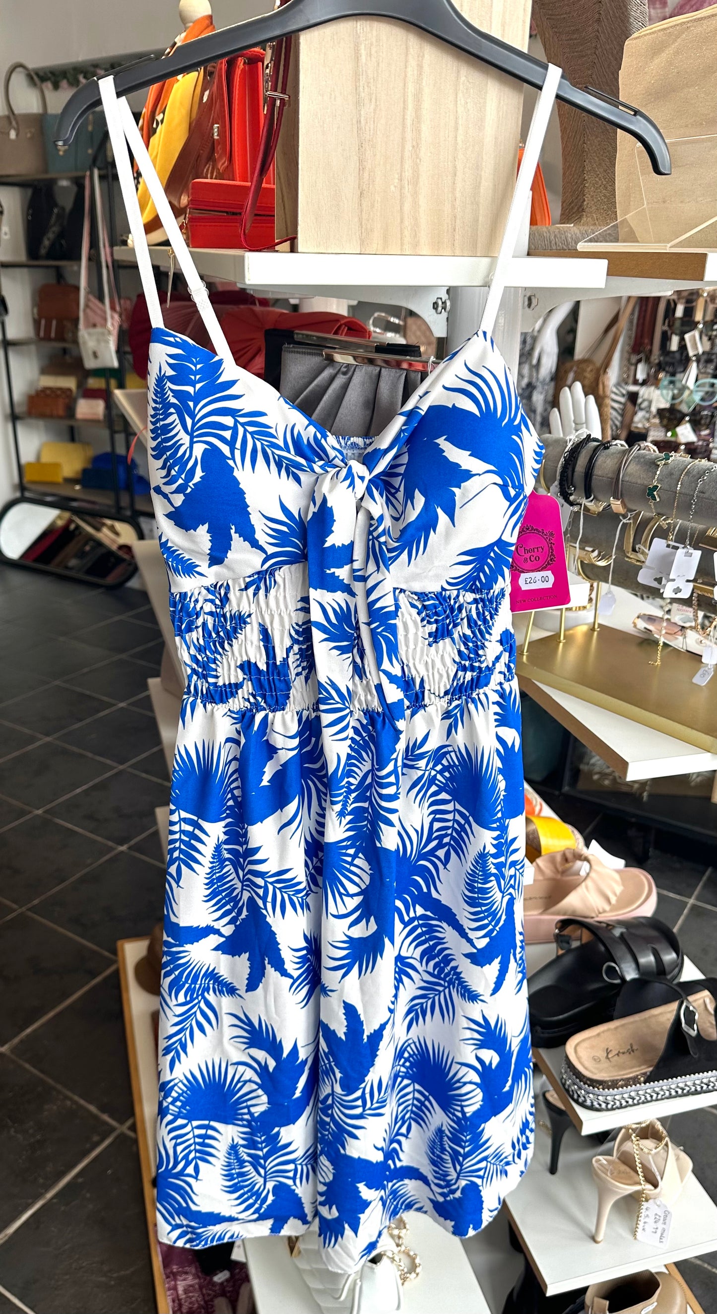 Blue & white floral print strap dress