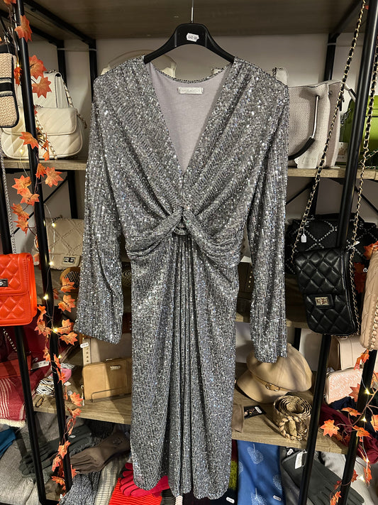 Silver sequin midi dress