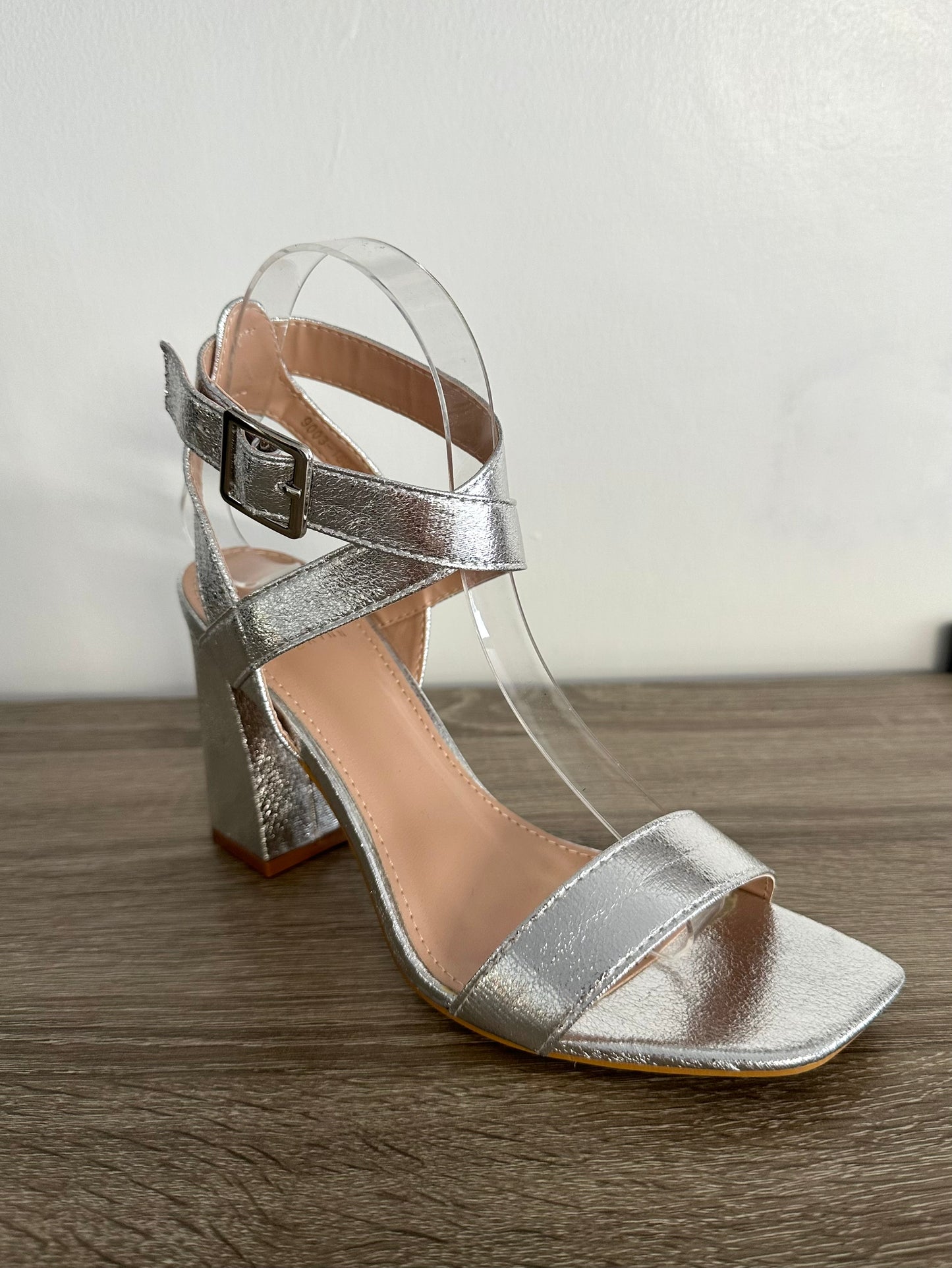 Silver metallic strappy block heels