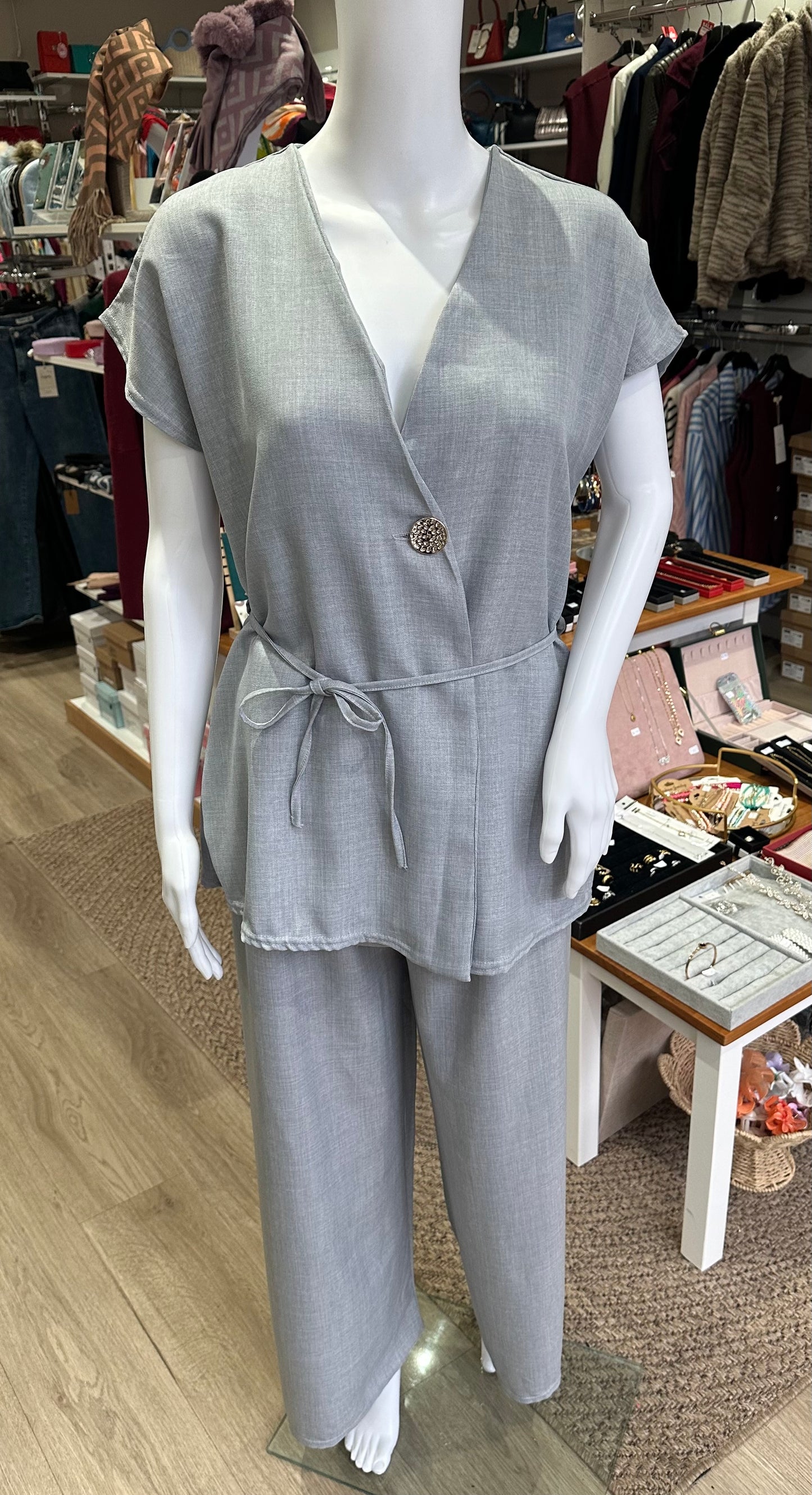 Grey tie waist top and trouser two piece
