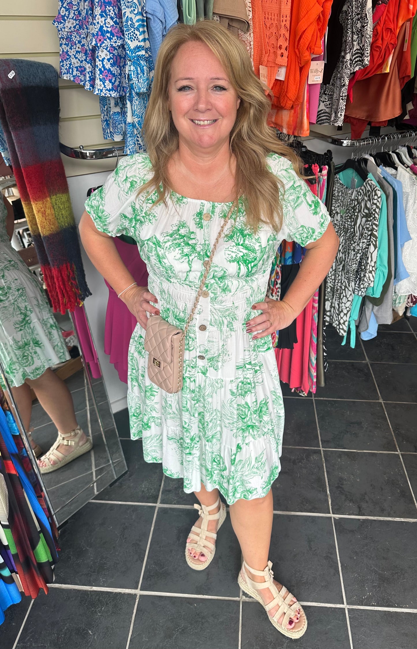 Green floral shirred waist button down dress