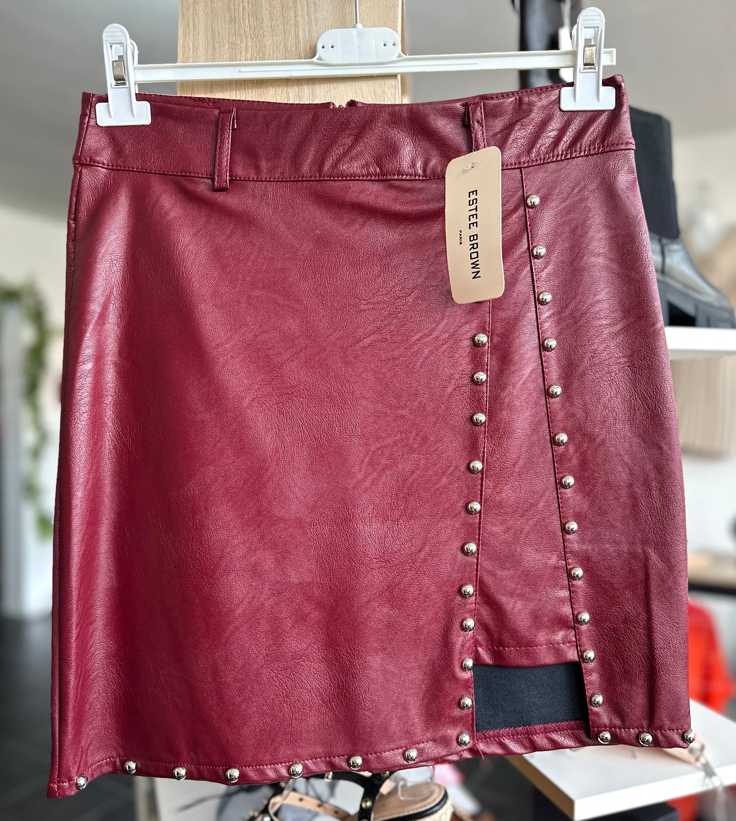 Burgundy faux leather silver stud detail skirt