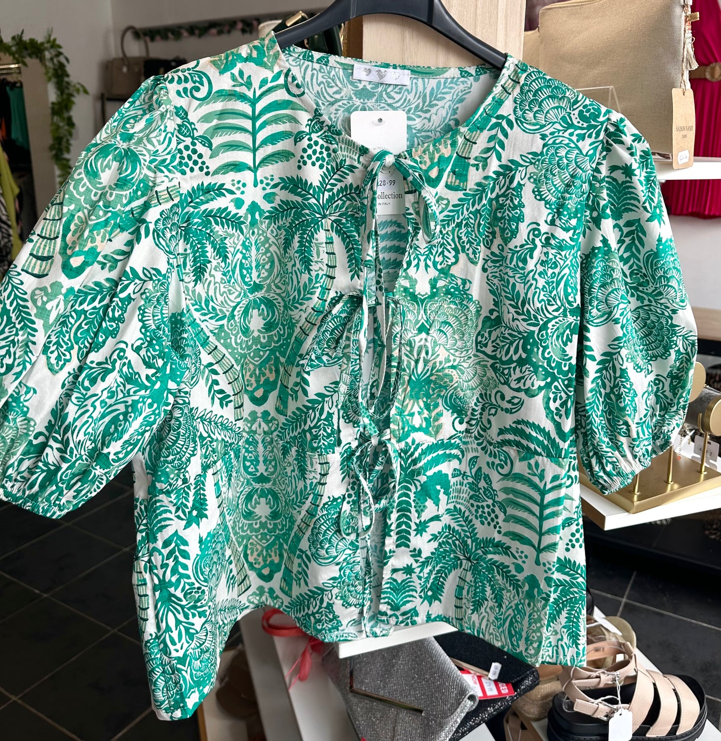 Floral print tie front puff sleeve blouse - Green