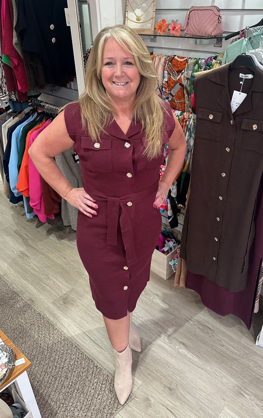 Knitted button down midi dress with tie waist belt - Burgundy