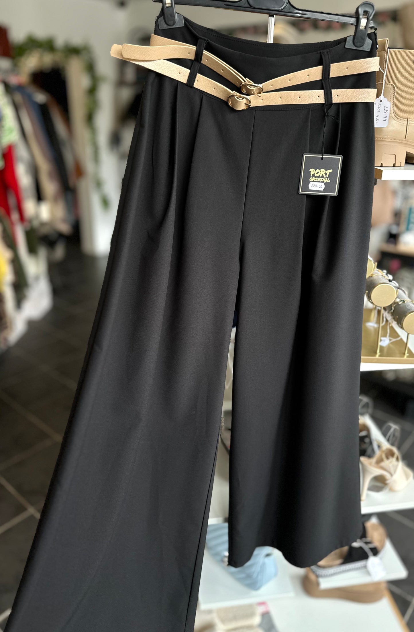 Double belt black high waisted wide leg trousers