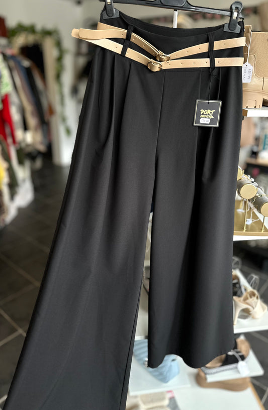 Double belt black high waisted wide leg trousers