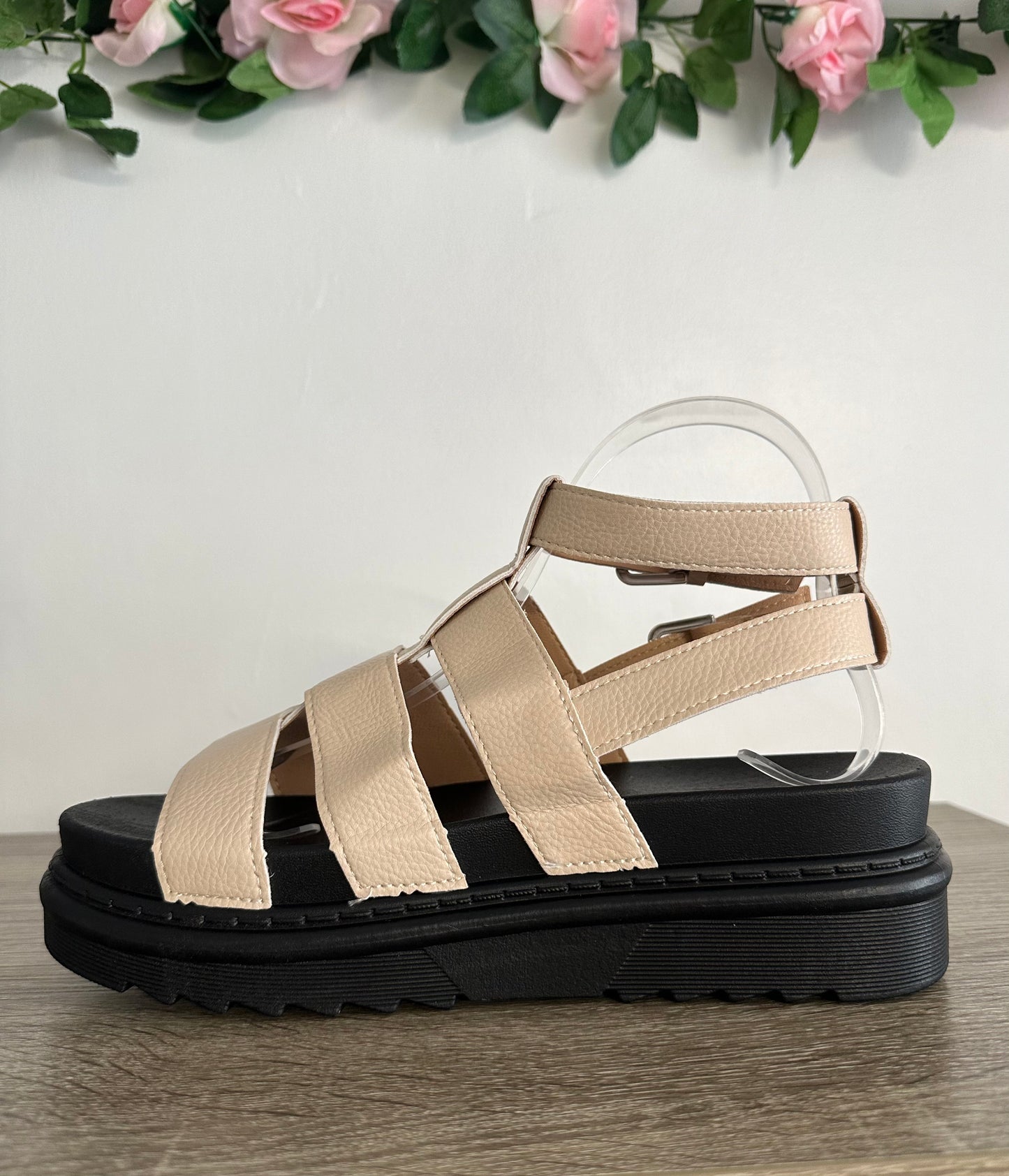 Beige & black double strap chunky platform sandals