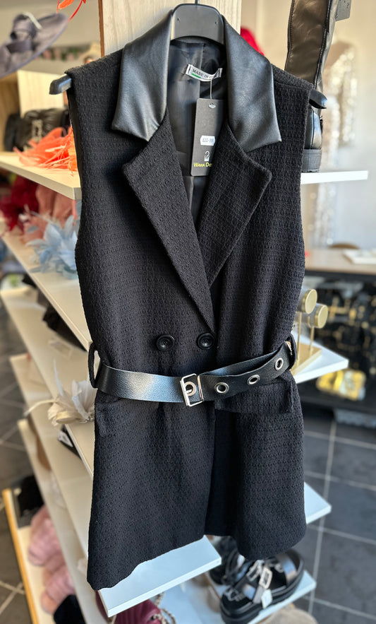 Black double breasted belted waistcoat