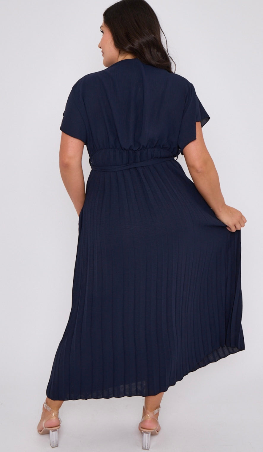 Curve fit navy pleated skirt tie waist dress with pockets