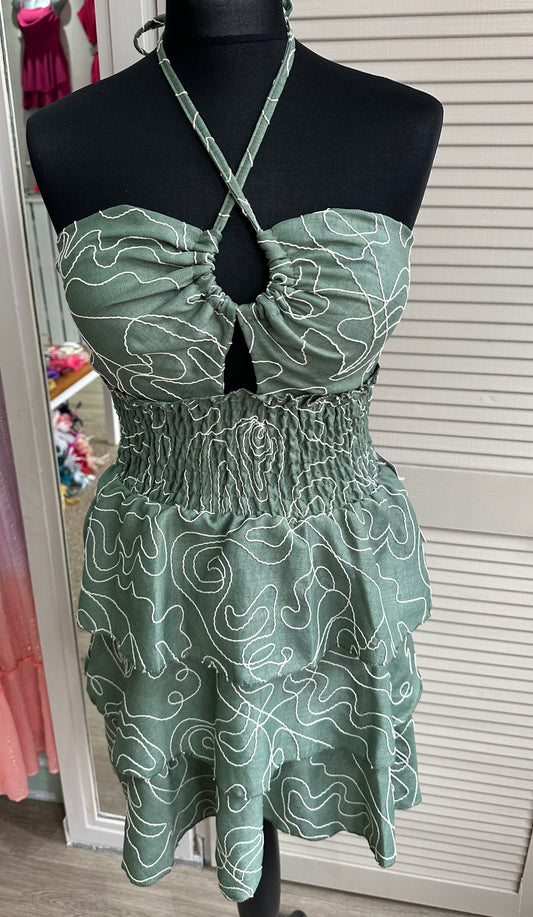 Green embroidery detail shirred waist layered mini dress