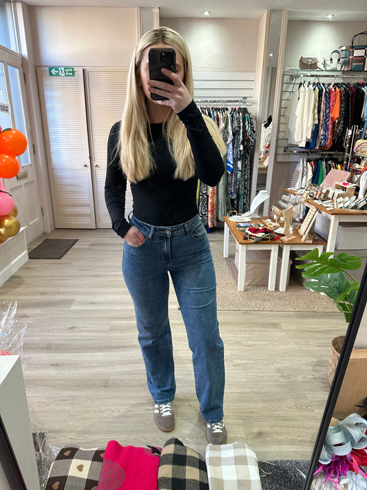 Blue stretchy high waist straight leg jeans