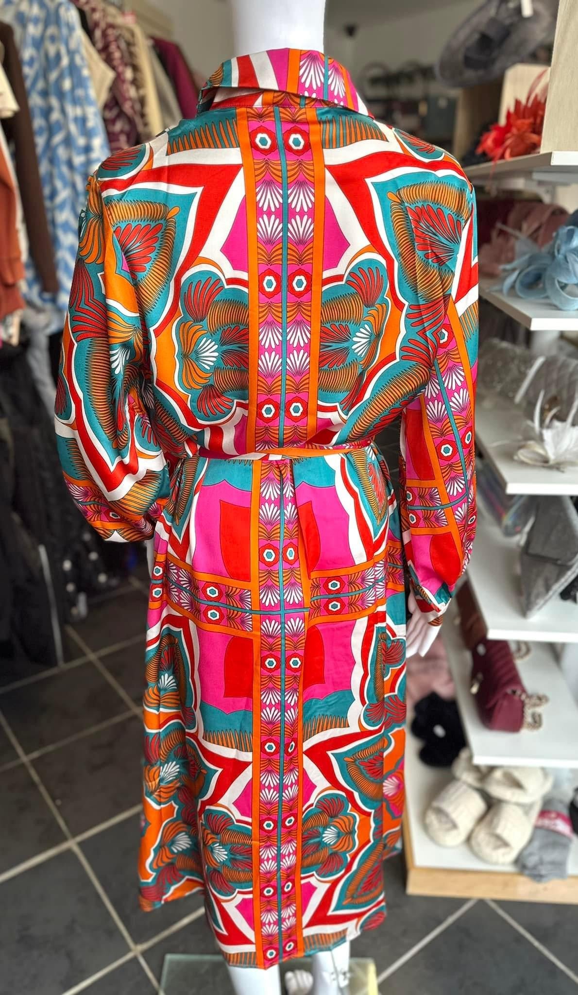 Multi colour patterned button down shirt dress