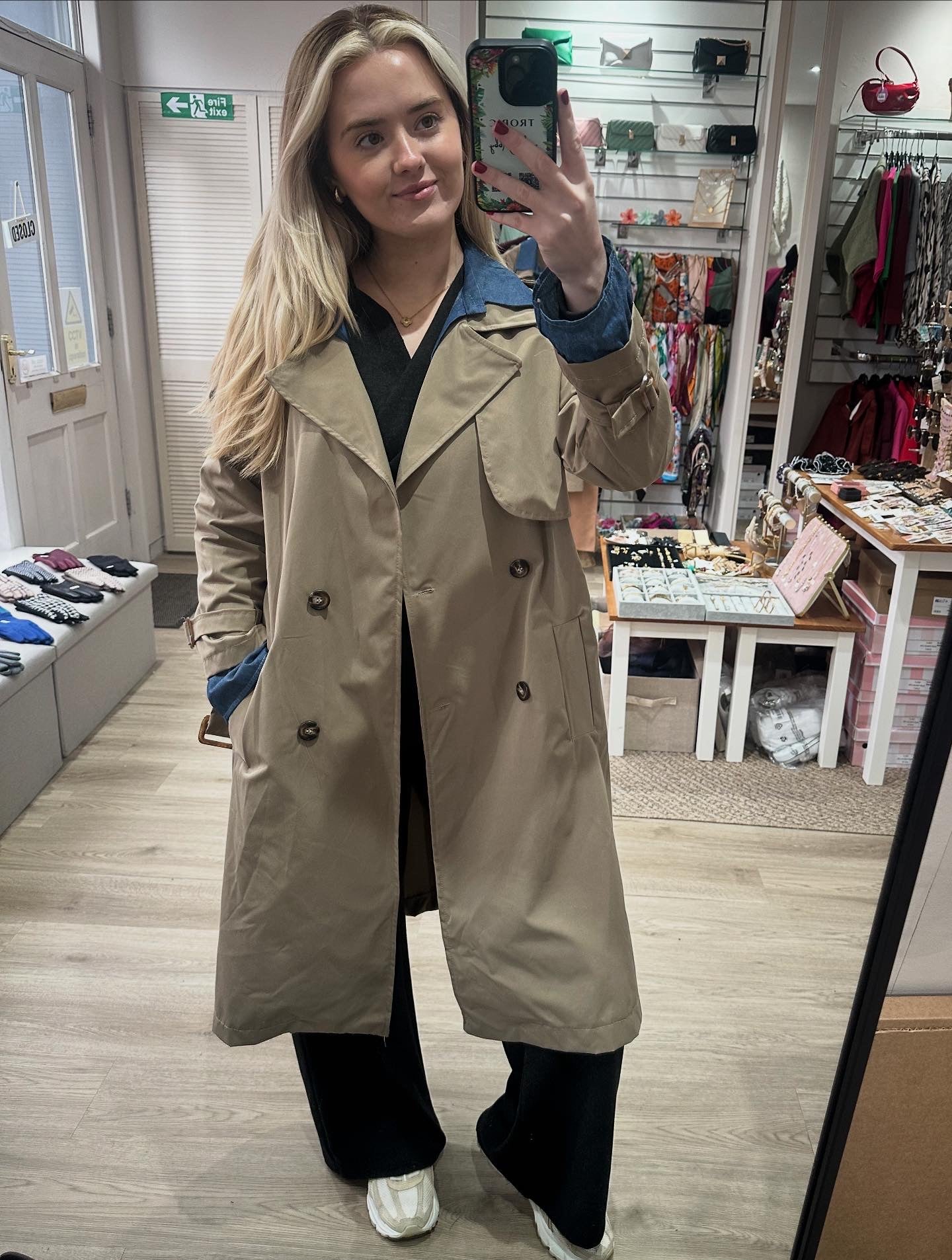 Dark beige trench coat with denim look shirt collar & cuff detail