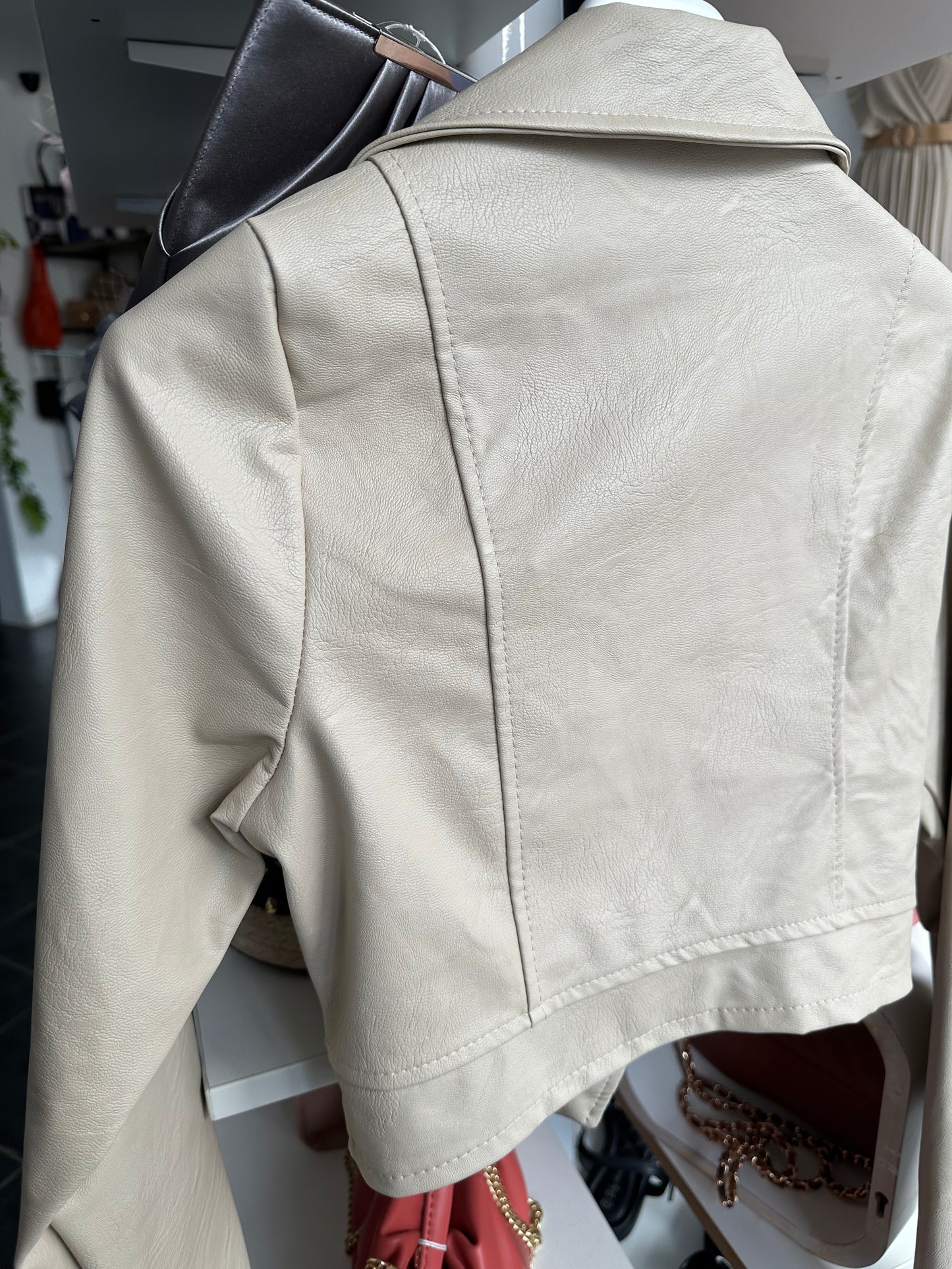 Cream PU leather crop biker jacket (small fitting)