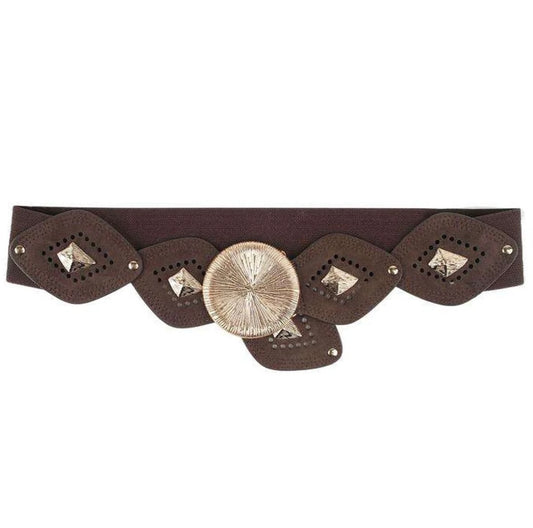 Elastic Waist Belt with Decorative Stud Buckle - Brown