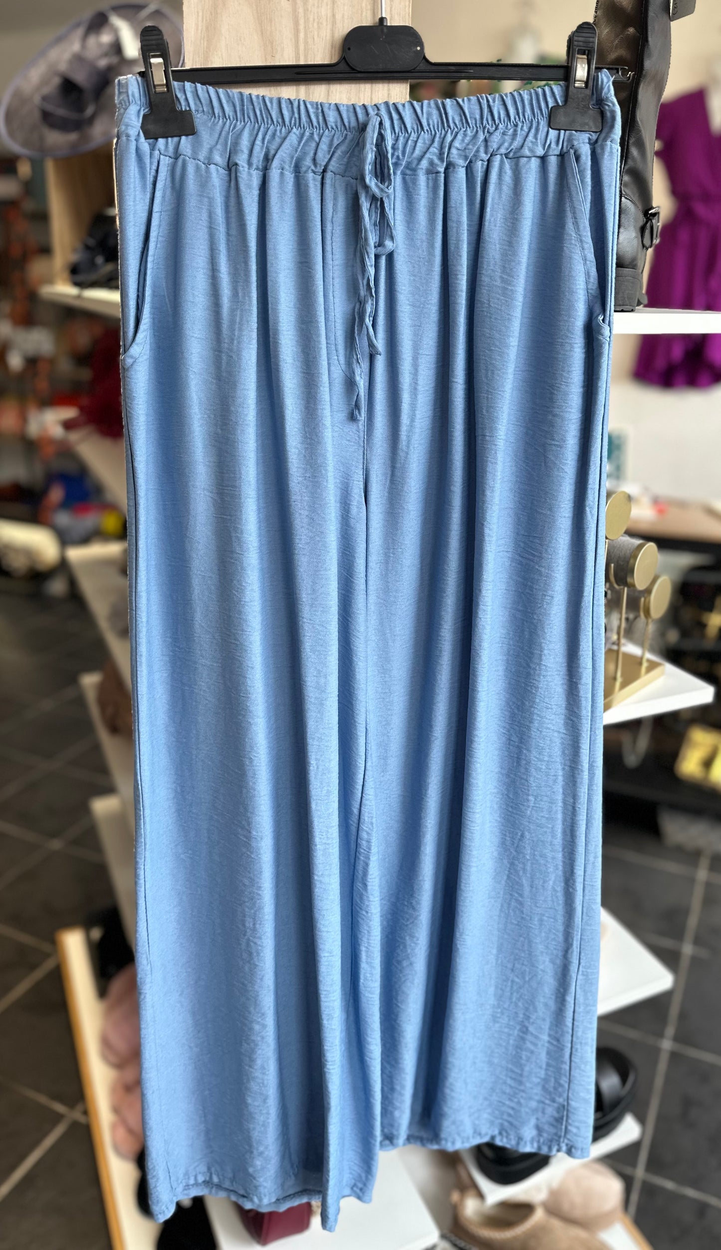 Light blue wide leg drawstring trousers