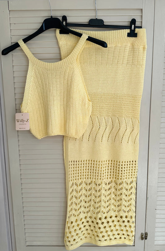 Yellow crochet crop top and maxi skirt cover up