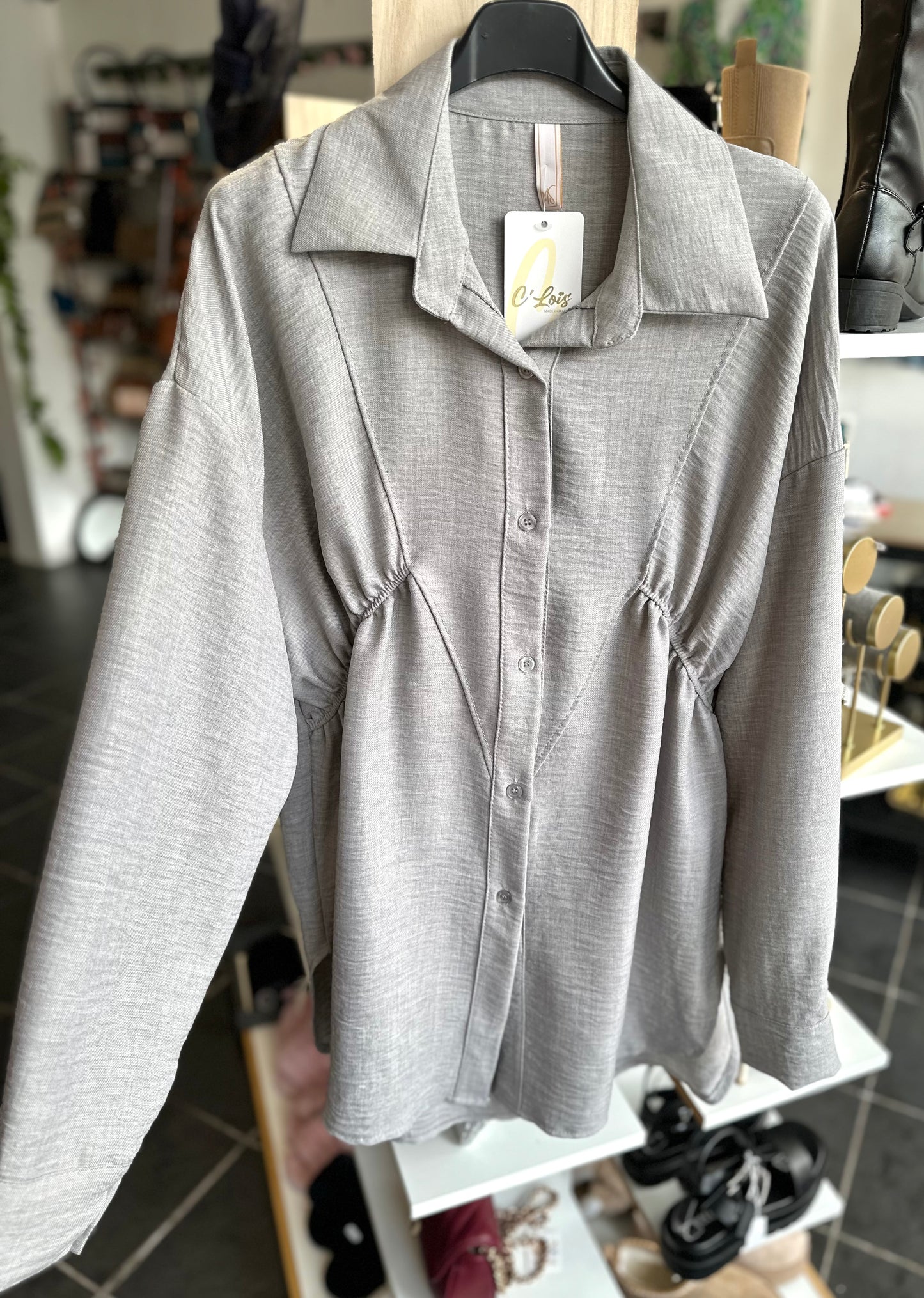 Grey ruched side detail long sleeve shirt