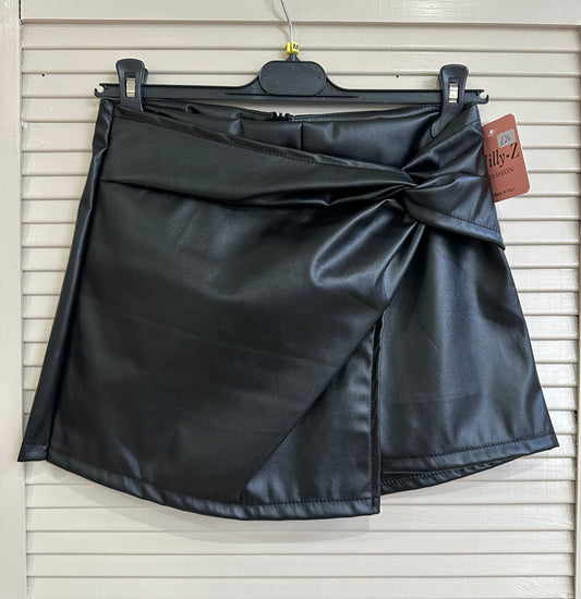 Faux Leather Knot-Detail Skort - Black