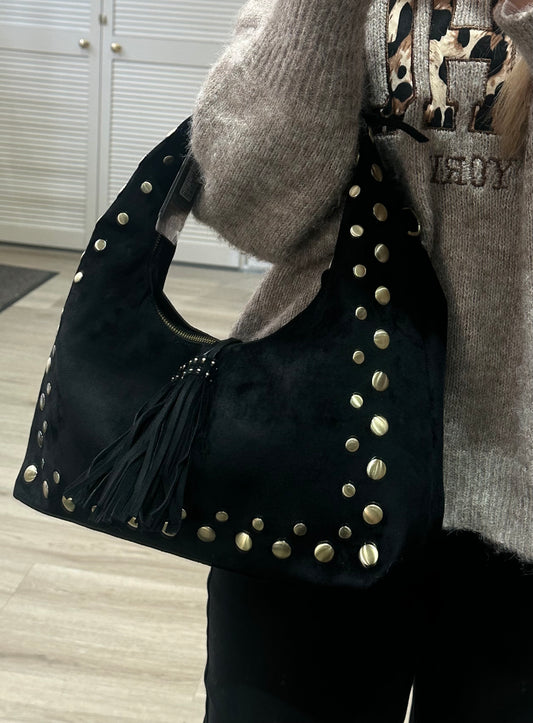 Faux suede studded detail shoulder bag with tassel detail (also comes with a long strap) - Black